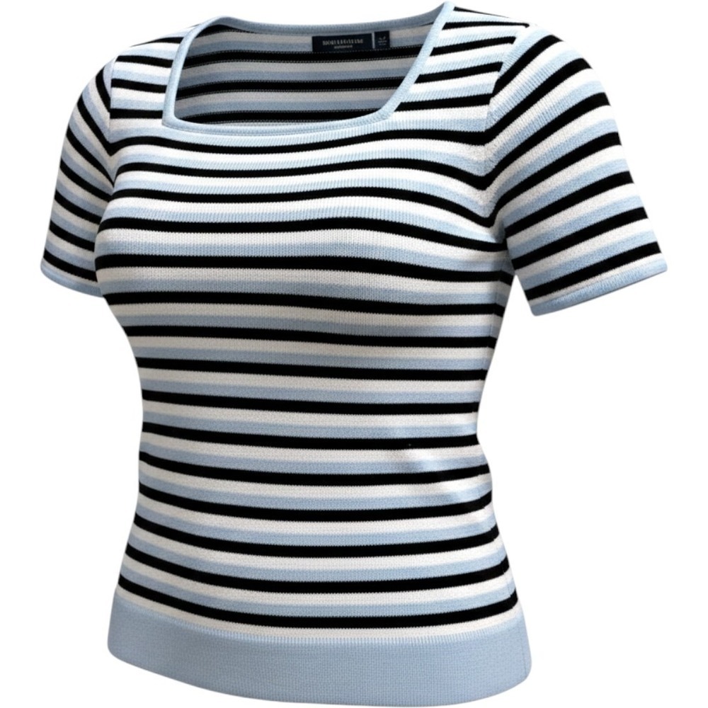 Crazy Horse Knit Top Women 1 Blue Black Striped Square Neck Vintage Preppy 90s